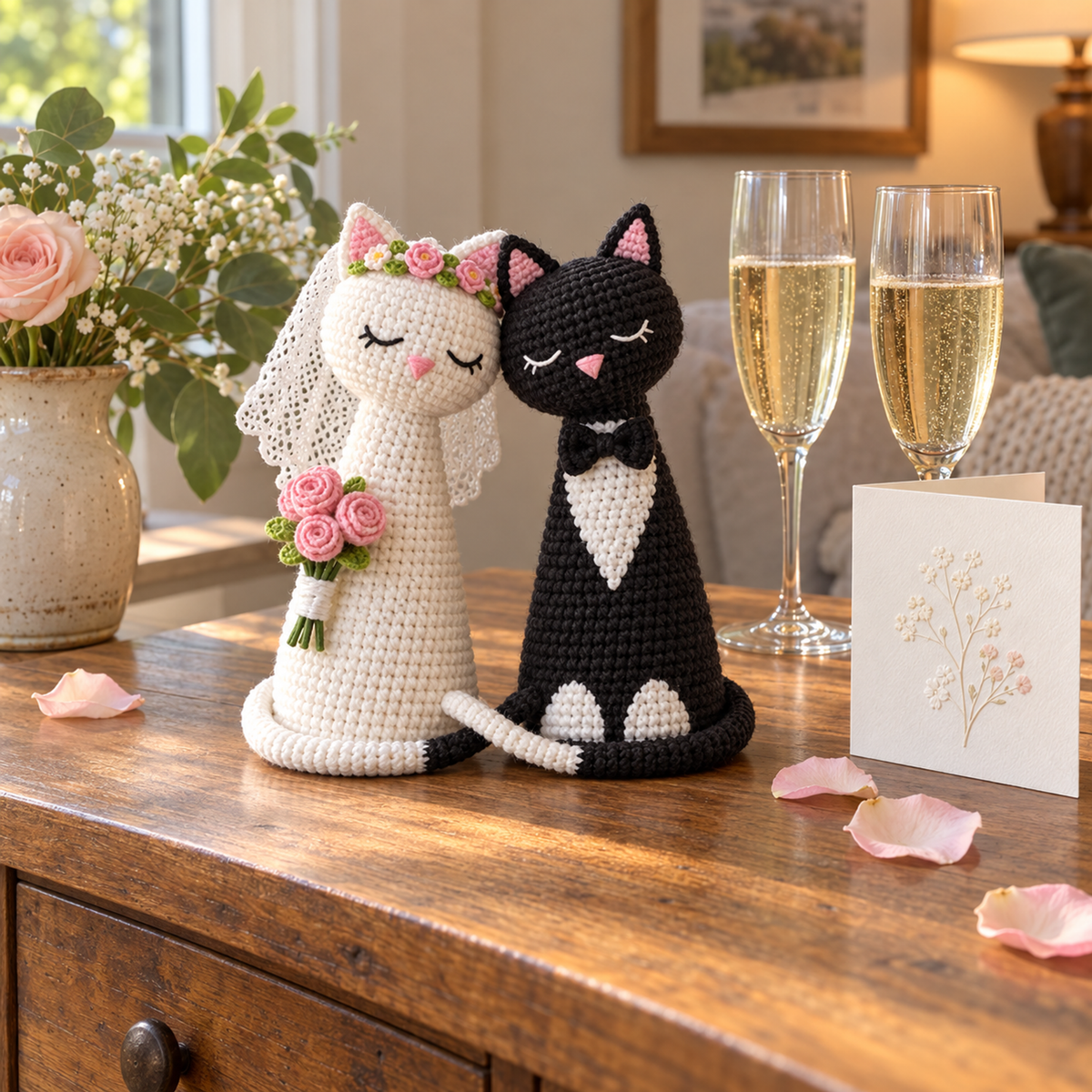 White bridal and black tuxedo crochet cats with a mesh veil, flower crown and three-rose bouquet beside two champagne glasses and a floral wedding card.