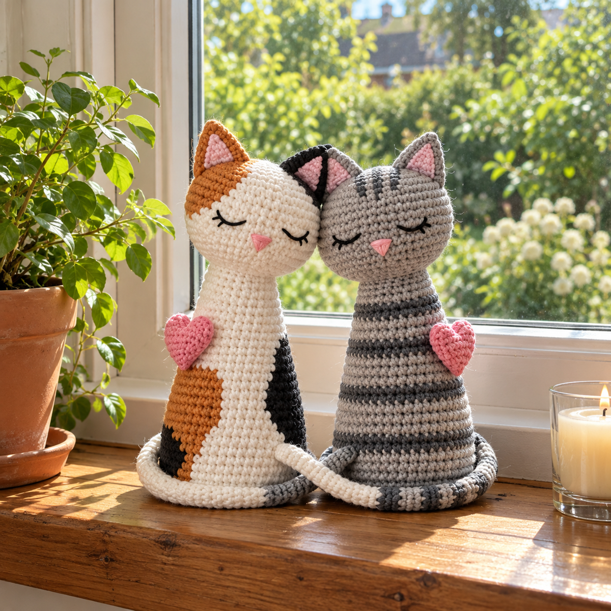 Calico and grey tabby crochet cats with pink hearts and crossing tails on a sunny windowsill beside a potted plant.