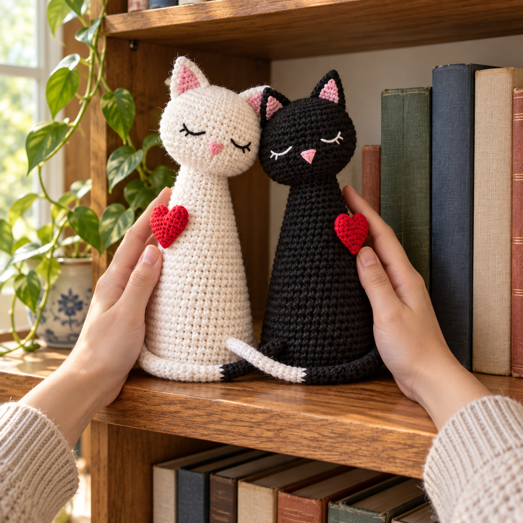 Two adult hands placing a finished white and black crochet cat couple with red hearts and crossing tails on a wooden bookshelf.