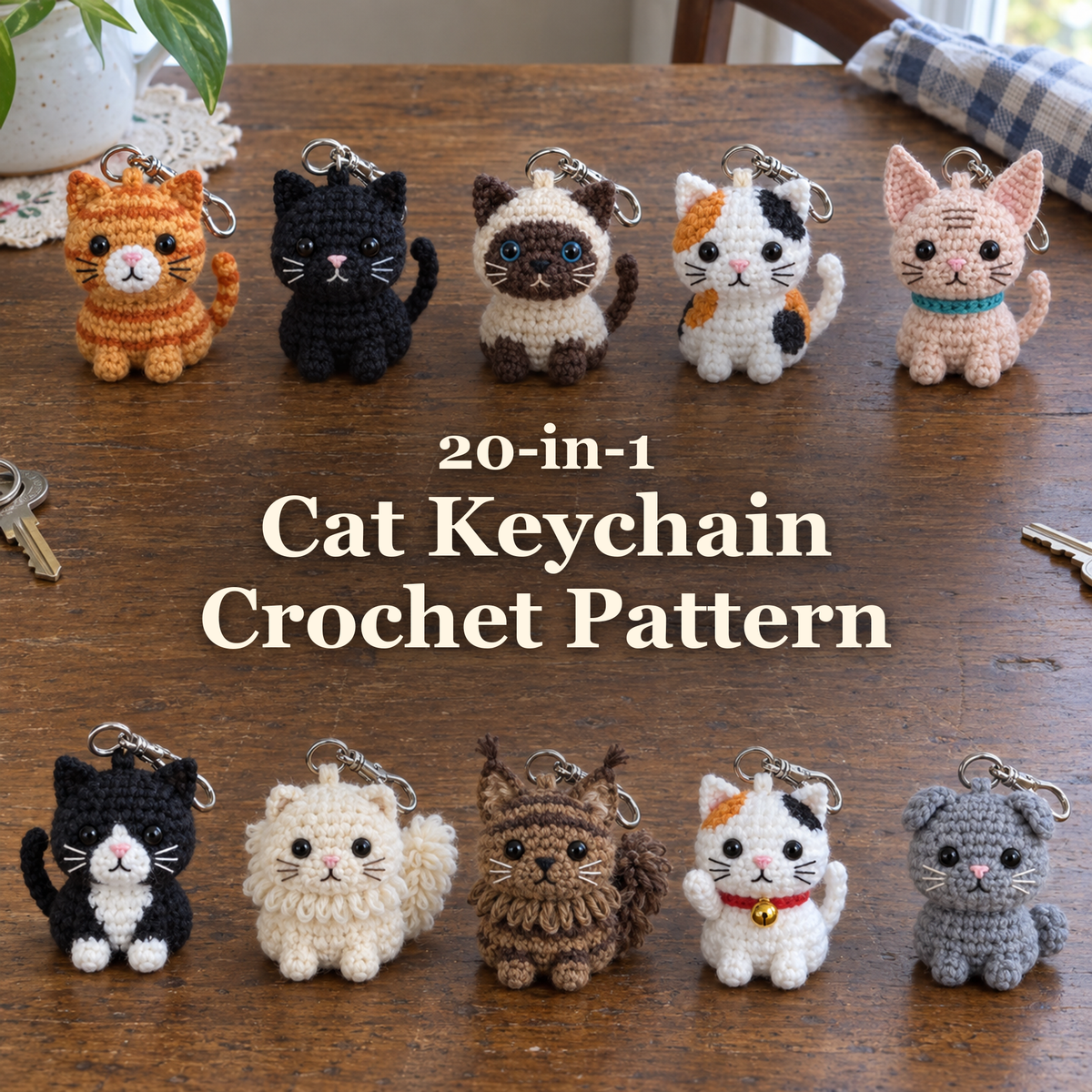 Ten small crocheted cat keychains in two rows on a wooden home table, with the title 20-in-1 Cat Keychain Crochet Pattern across the open centre.