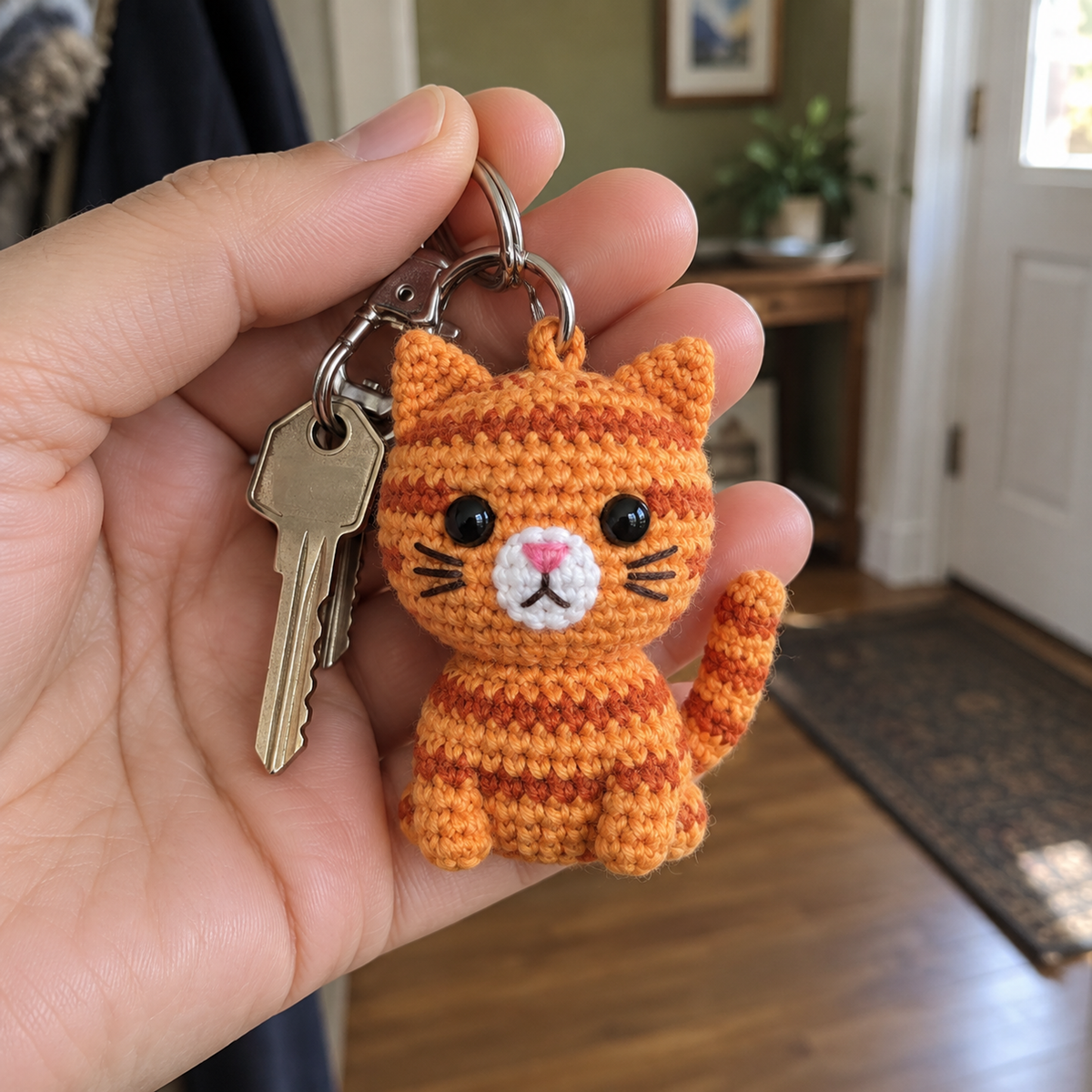 A small orange striped crochet cat keychain with house keys held in an adult hand.