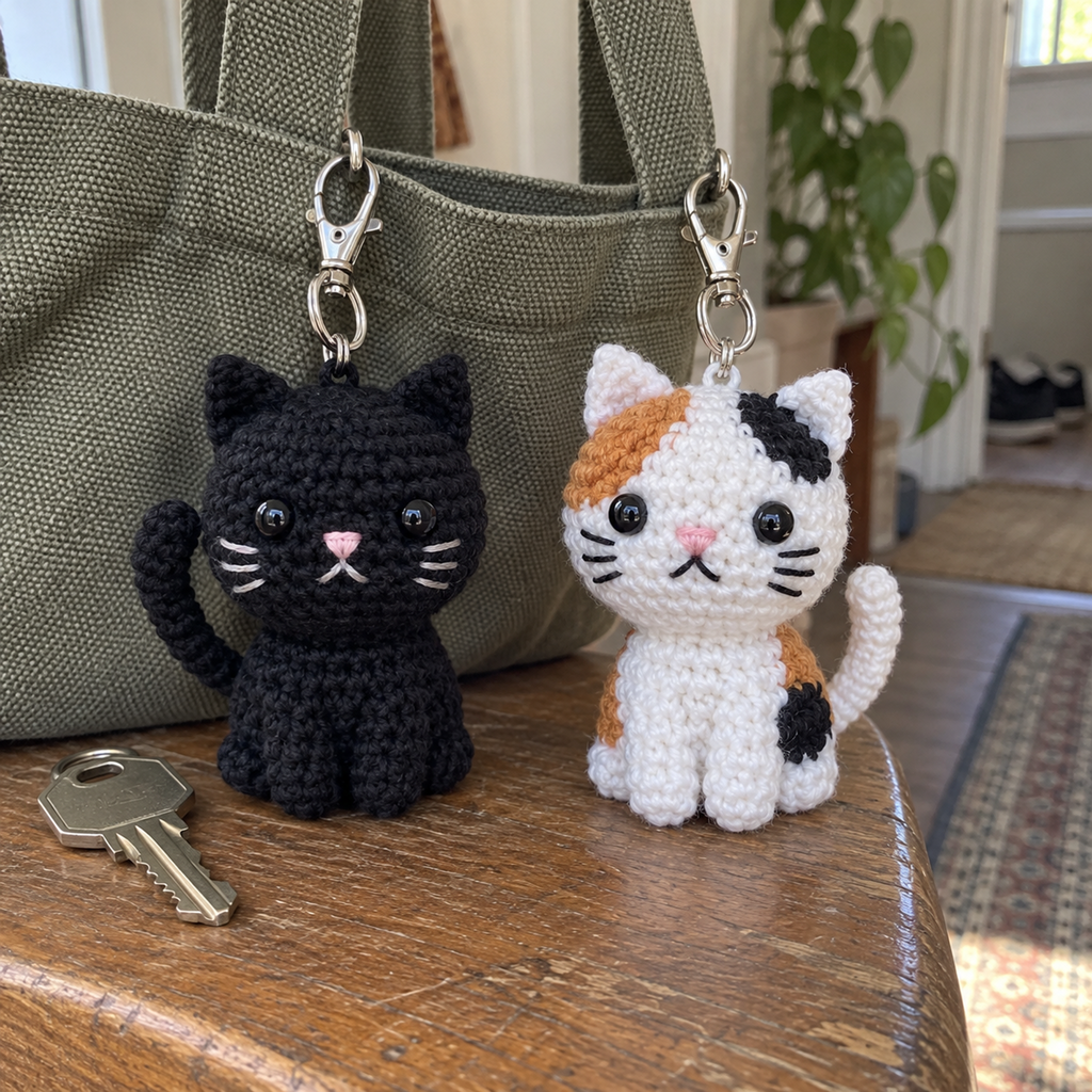 A black crochet cat and a white calico crochet cat clipped by silver clasps to an olive canvas tote.