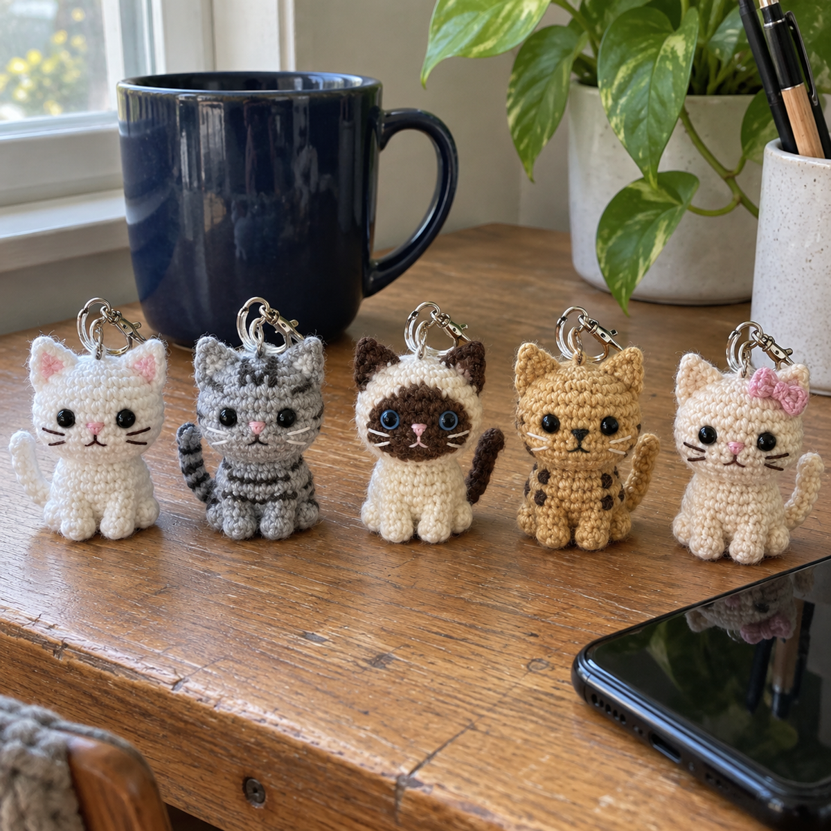White, grey tabby, ragdoll, Bengal and cream kitten crochet keychains beside a navy mug and phone on a wooden desk.