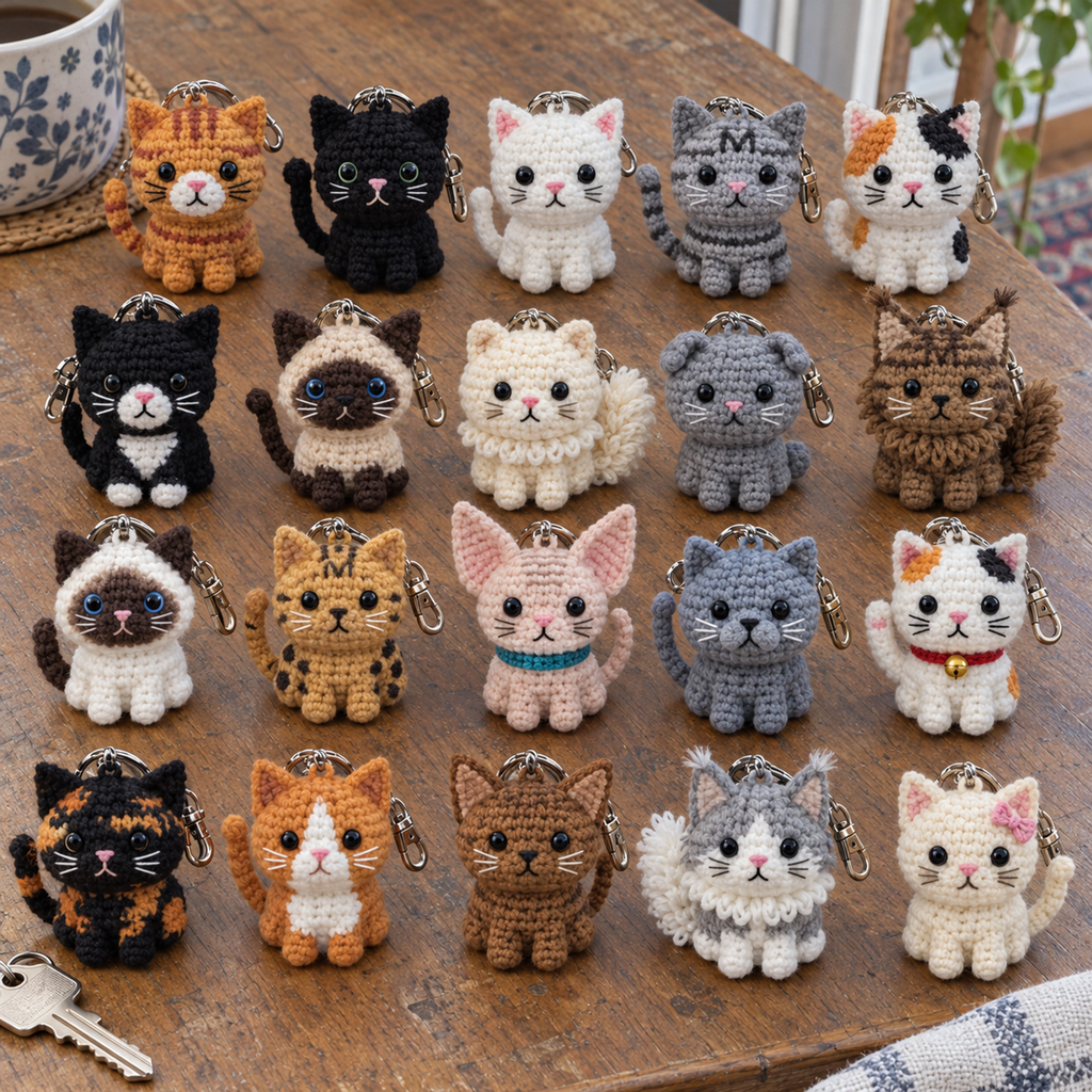 Twenty different crochet cat keychains sitting in four rows of five on a wooden table near a cup and house key.