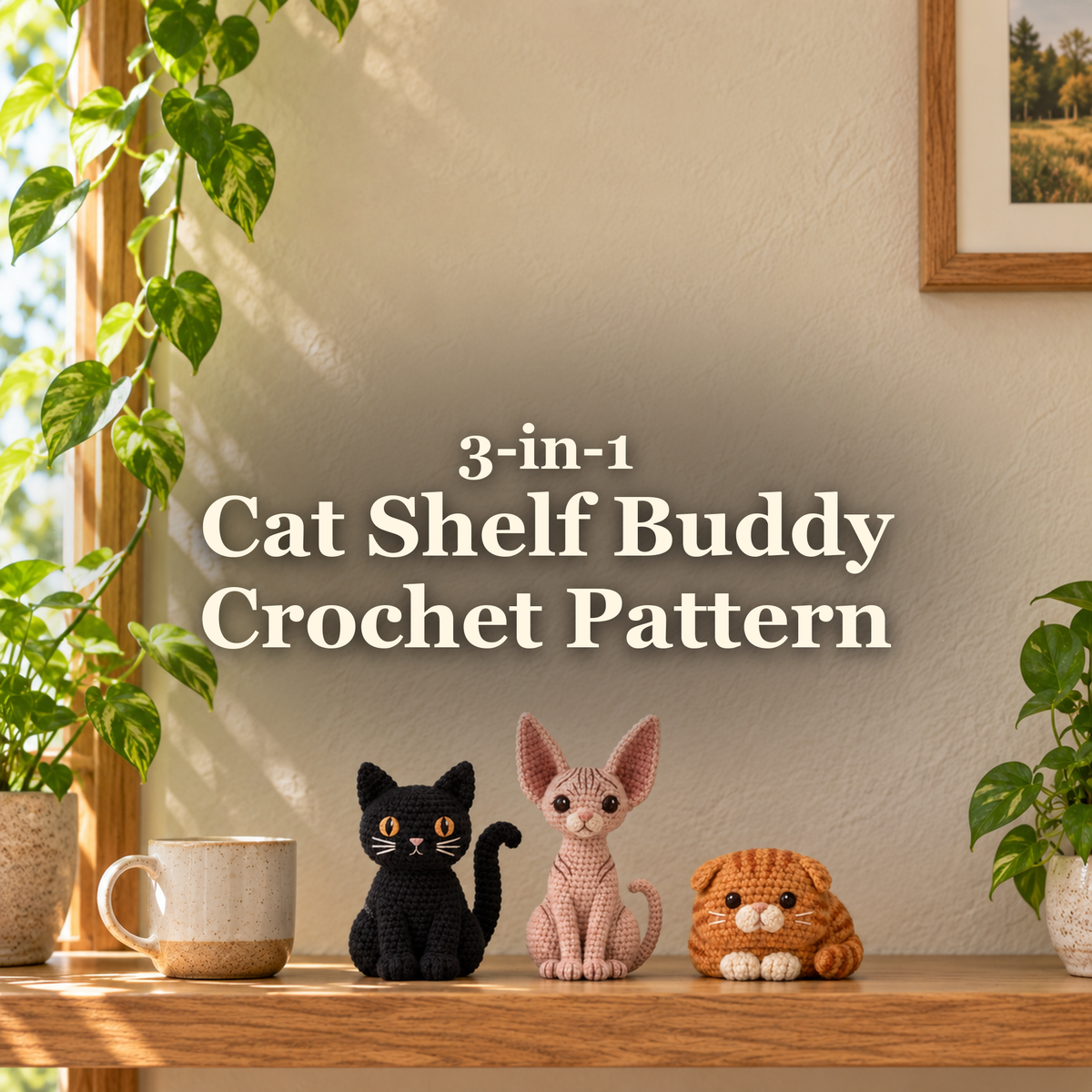 Black Cat, blush Sphynx and ginger Scottish Fold crochet shelf buddies sit together on a sunlit wooden shelf beside a mug and houseplants, below the title 3-in-1 Cat Shelf Buddy Crochet Pattern.