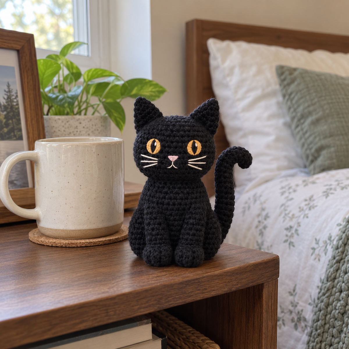 A black crochet cat with amber stitched eyes, pointed ears and a curved upright tail sits beside a cream ceramic mug on a wooden bedside shelf.