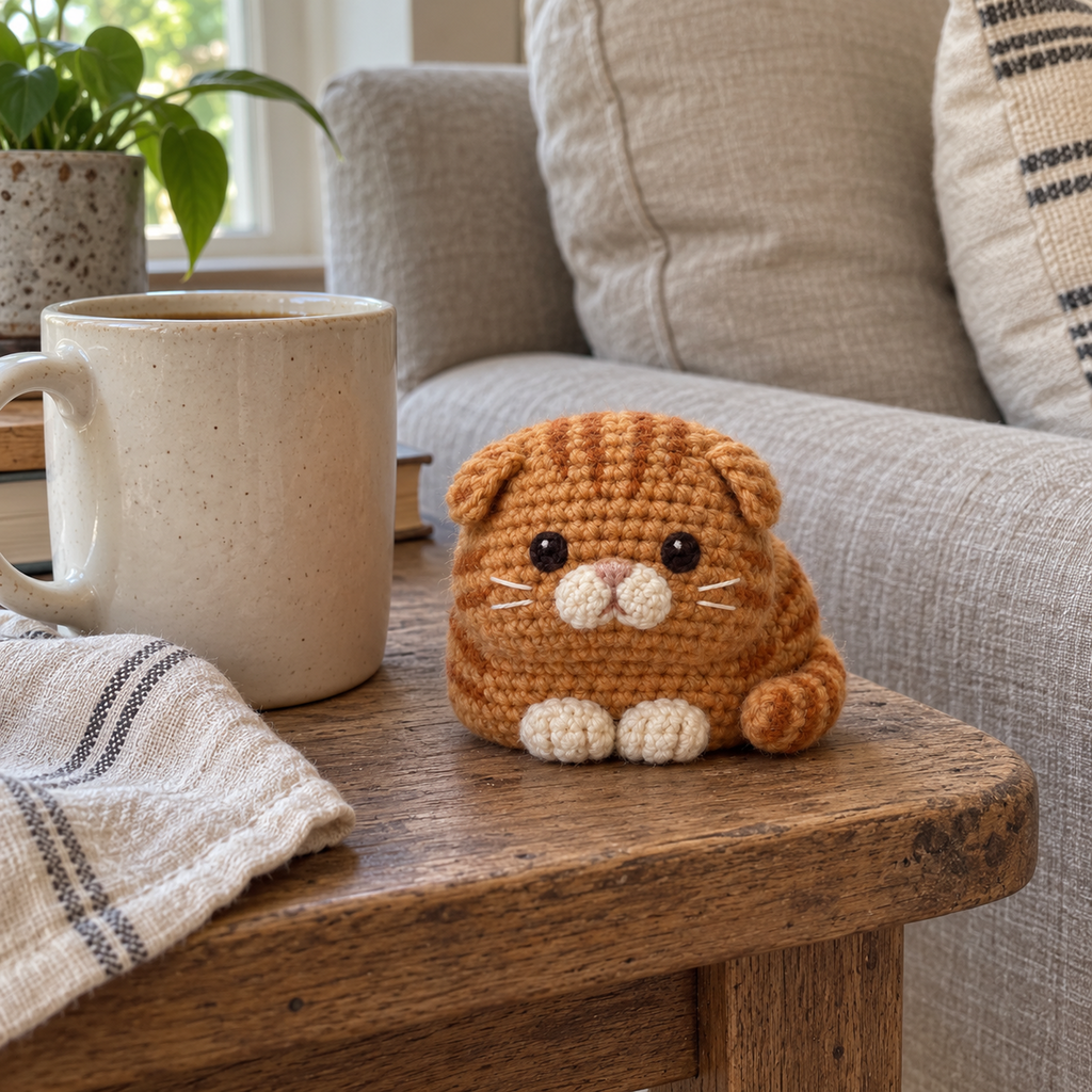 A ginger Scottish Fold crochet cat with folded ears, cream muzzle and cream paws sits beside a mug and linen napkin on a wooden side table.