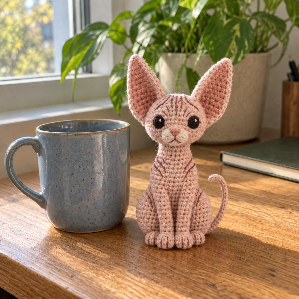 A slender blush crochet Sphynx with tall pointed ears, stitched wrinkle lines and a curled tail sits beside a blue ceramic mug on a sunlit desk.