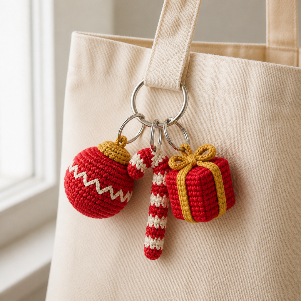 Christmas crochet charms clipped to a canvas tote bag strap