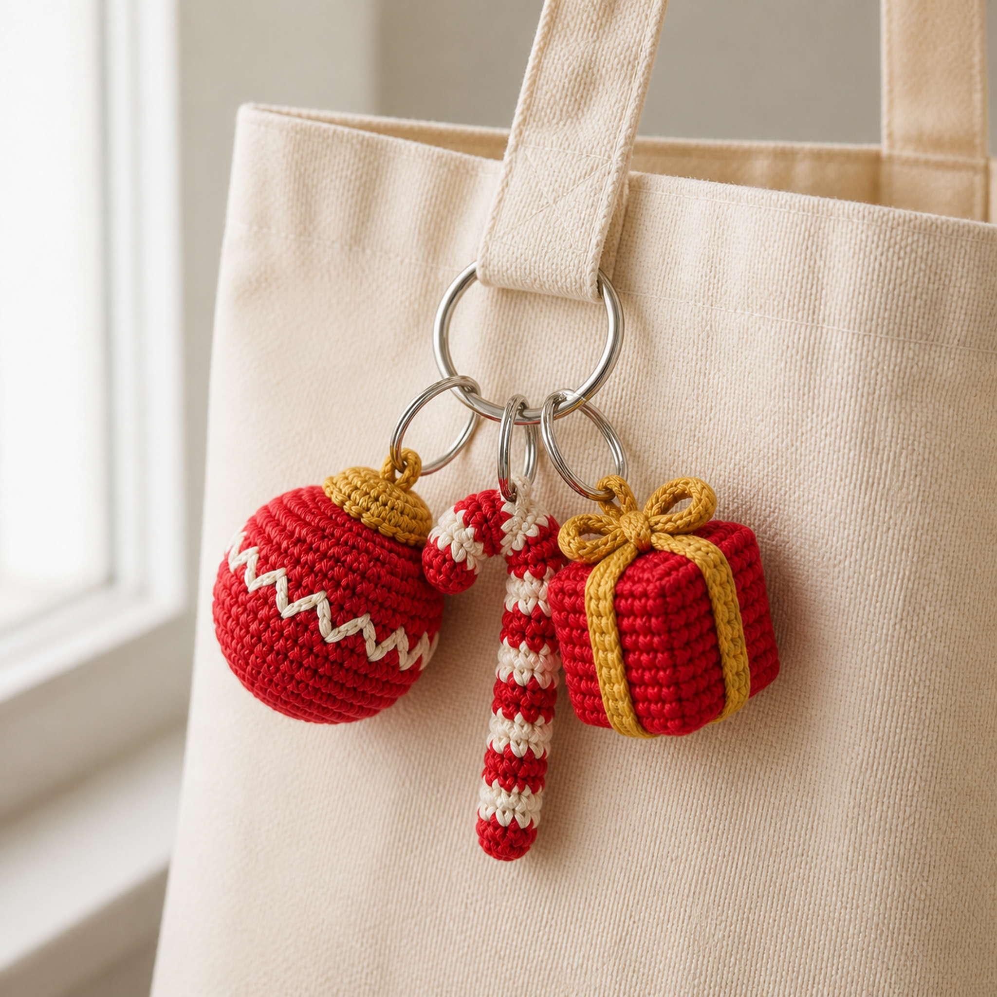Christmas crochet charms clipped to a canvas tote bag strap