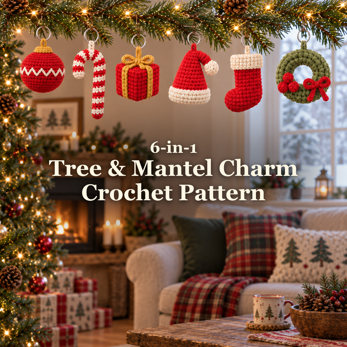 Six small crochet Christmas charms hang from a lit tree branch in a cosy living room, with the title 6-in-1 / Tree & Mantel Charm / Crochet Pattern.