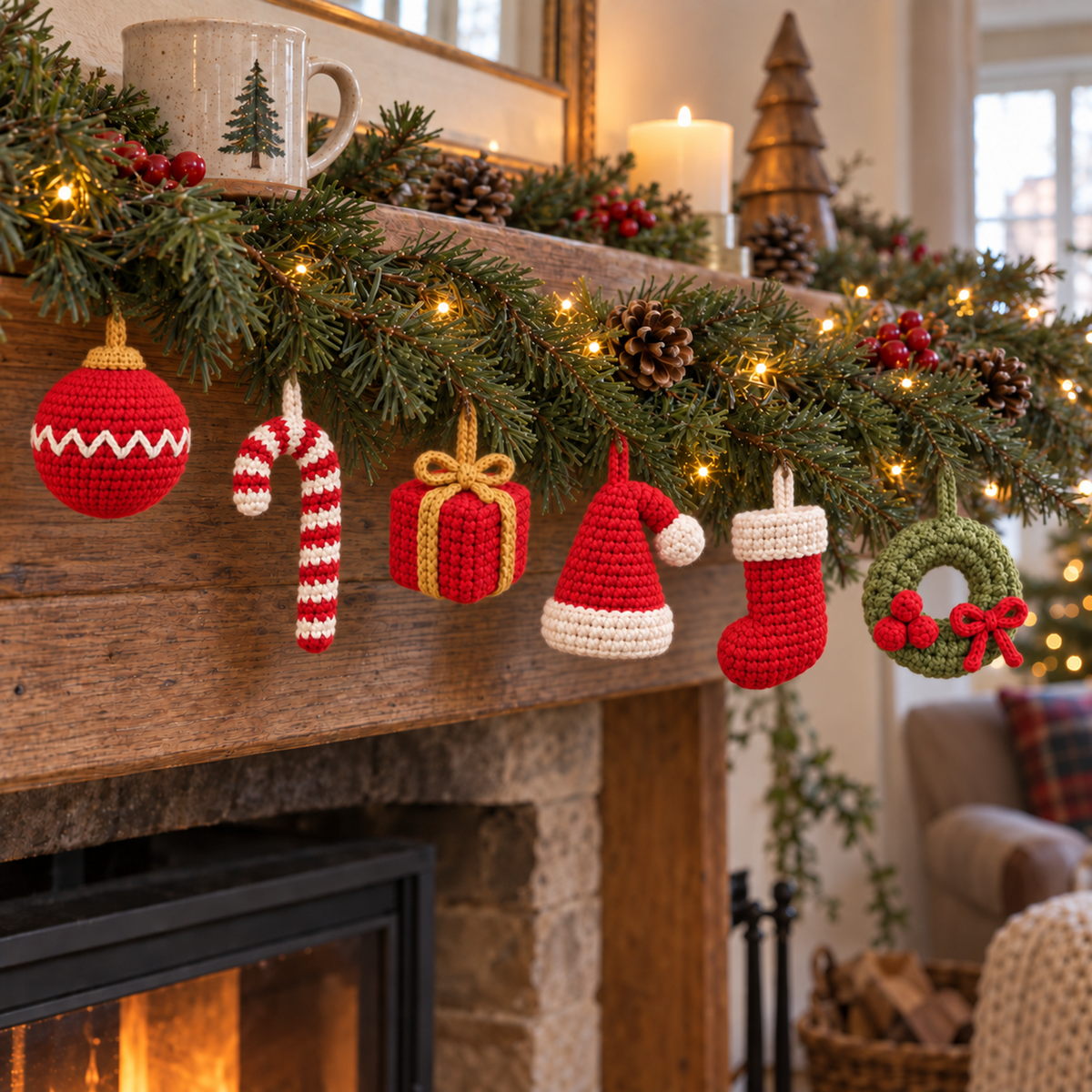Six red, ivory, gold and green crochet Christmas charms hang by their yarn loops along an evergreen garland on a wooden mantel.