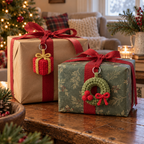 A red crochet gift box with a gold bow and a green crochet wreath with red berries and bow hang from ribbons on wrapped Christmas presents.