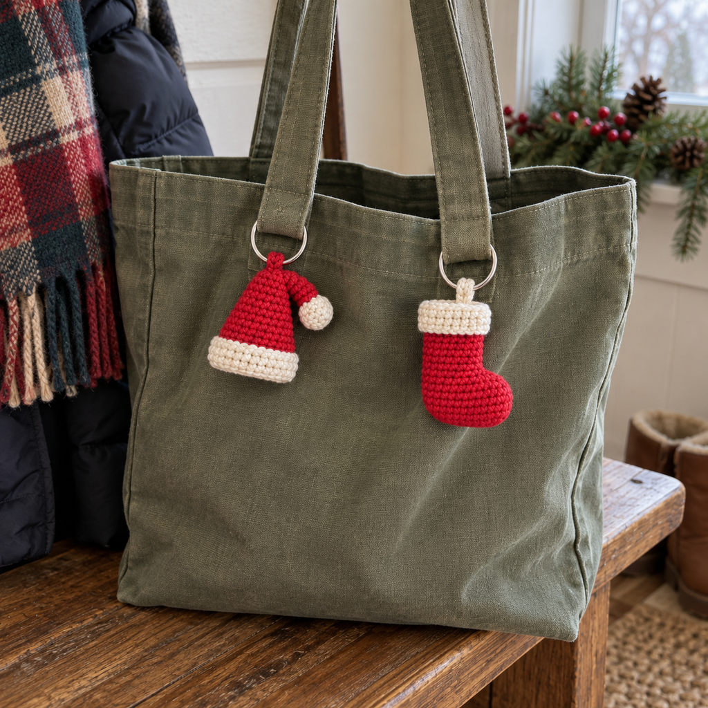 A red and ivory crochet Santa hat and stocking hang from silver rings on a green canvas tote bag in a home entryway.