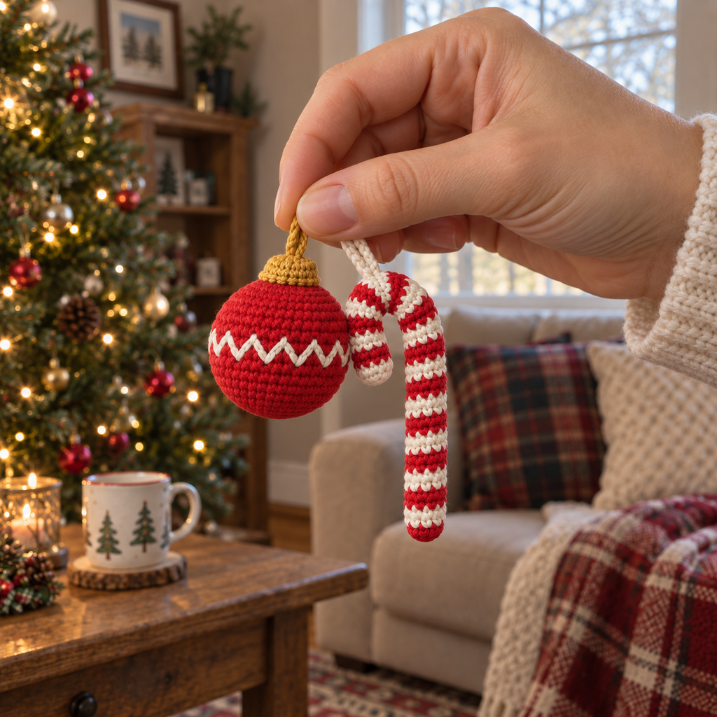 An adult hand holds a small red crochet bauble with an ivory zigzag and a red and ivory striped candy cane by their yarn loops.