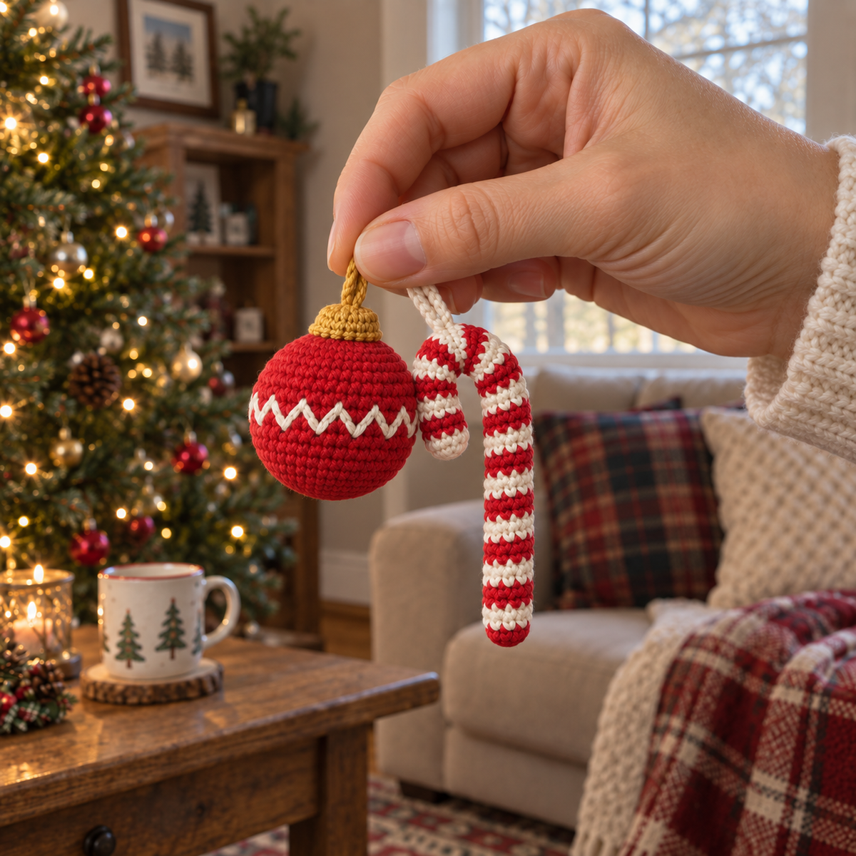 An adult hand holds a small red crochet bauble with an ivory zigzag and a red and ivory striped candy cane by their yarn loops.
