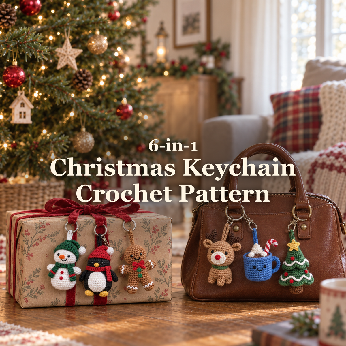 Six Christmas crochet keychains hang from a ribbon-wrapped gift and a brown handbag beneath a lit Christmas tree, with the title 6-in-1 Christmas Keychain Crochet Pattern.