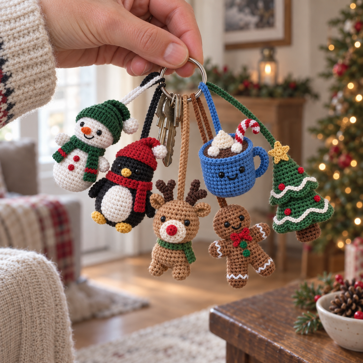 An adult hand holds house keys with six small Christmas crochet keychains hanging from a silver ring.