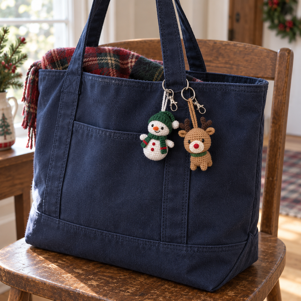 Snowman and reindeer crochet keychains hang from the handle of a navy winter tote bag on a wooden chair.