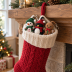 Snowman, penguin and gingerbread crochet keychains peek from the cream cuff of a red Christmas stocking hanging from a wooden mantel.