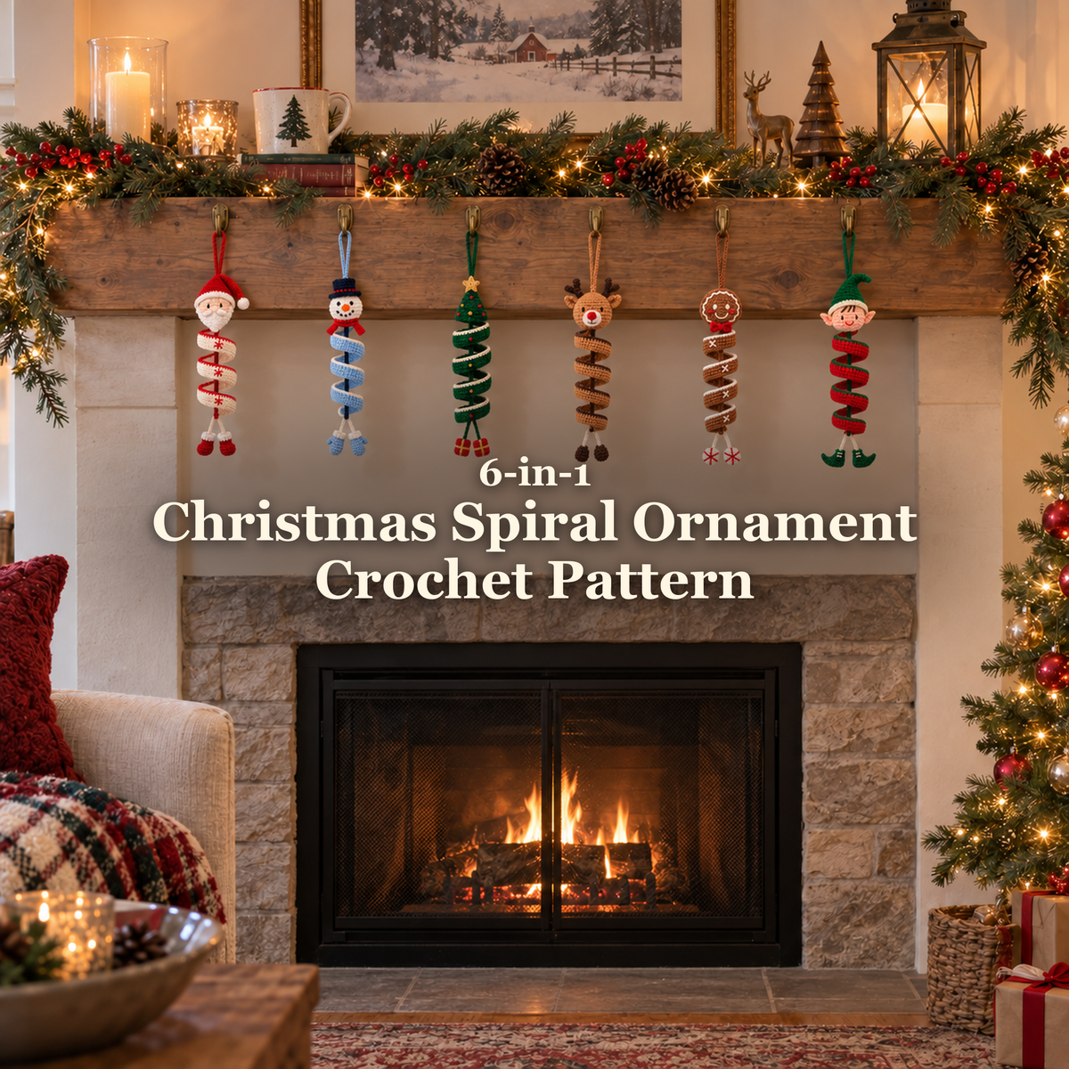 Six Christmas crochet spiral ornaments hanging beneath a garland-draped mantel: 6-in-1 Christmas Spiral Ornament Crochet Pattern