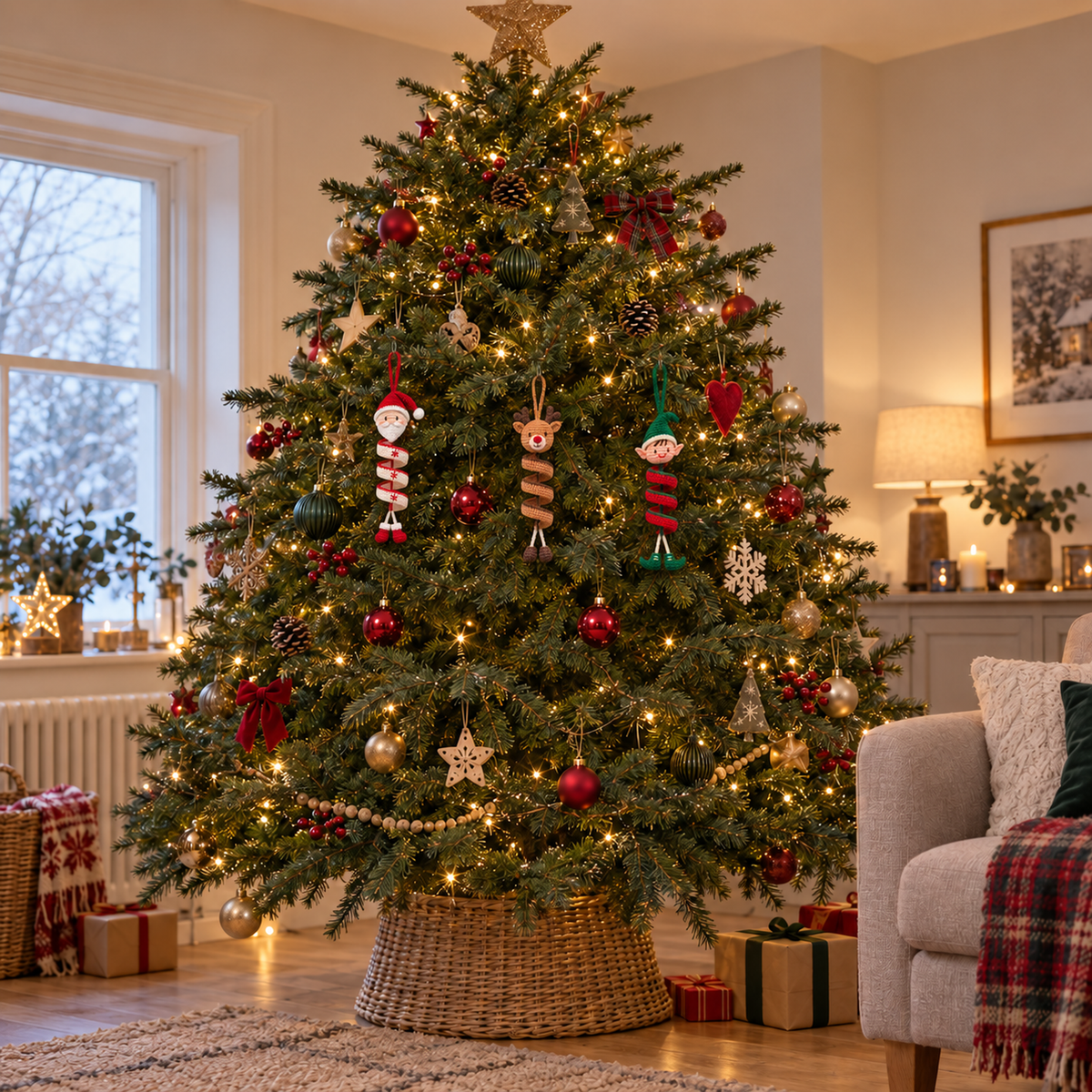 Santa, Reindeer and Elf crochet spiral ornaments hanging on a lit Christmas tree in a living room.