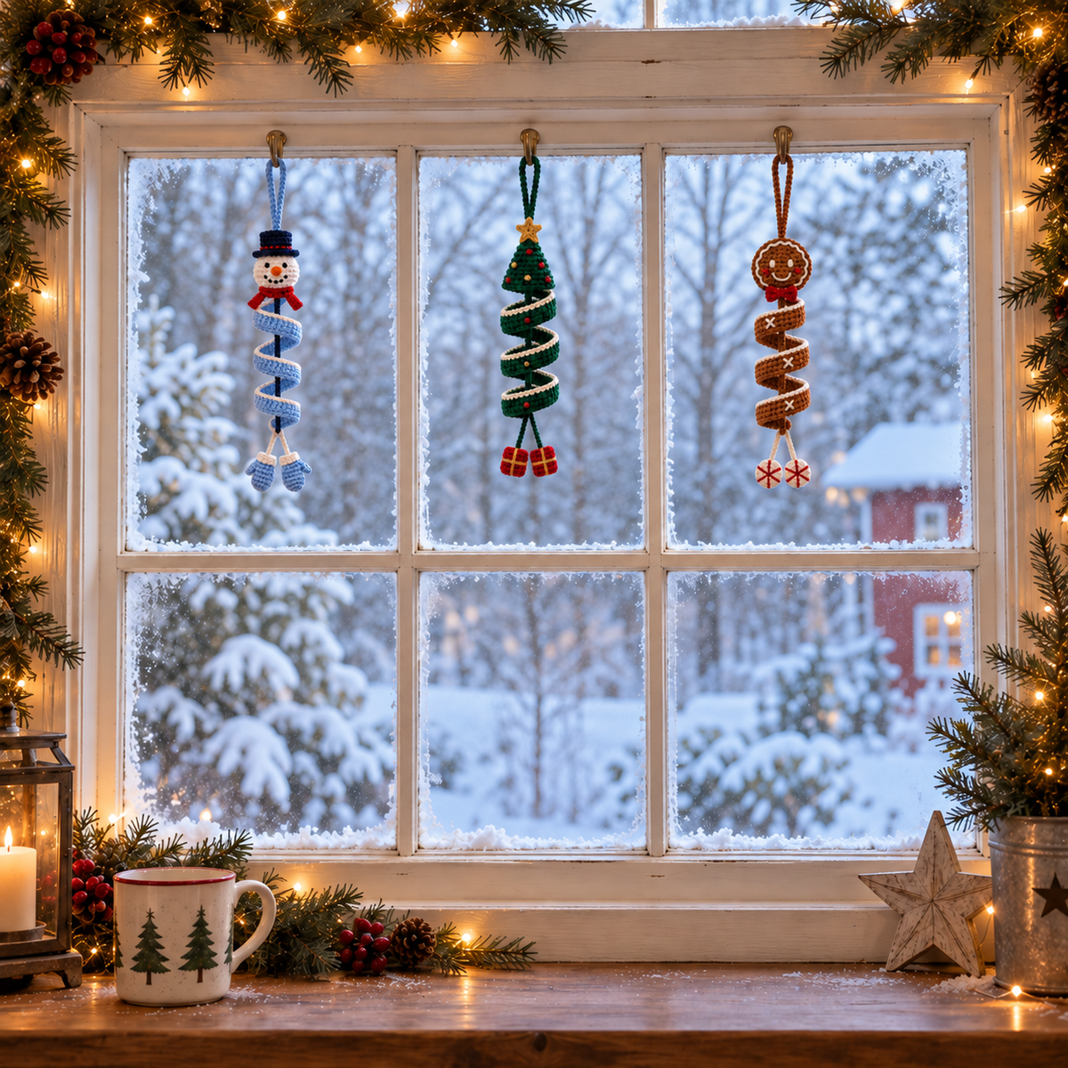 Snowman, Christmas Tree and Gingerbread crochet spiral ornaments hanging in a frosty window with fairy lights.