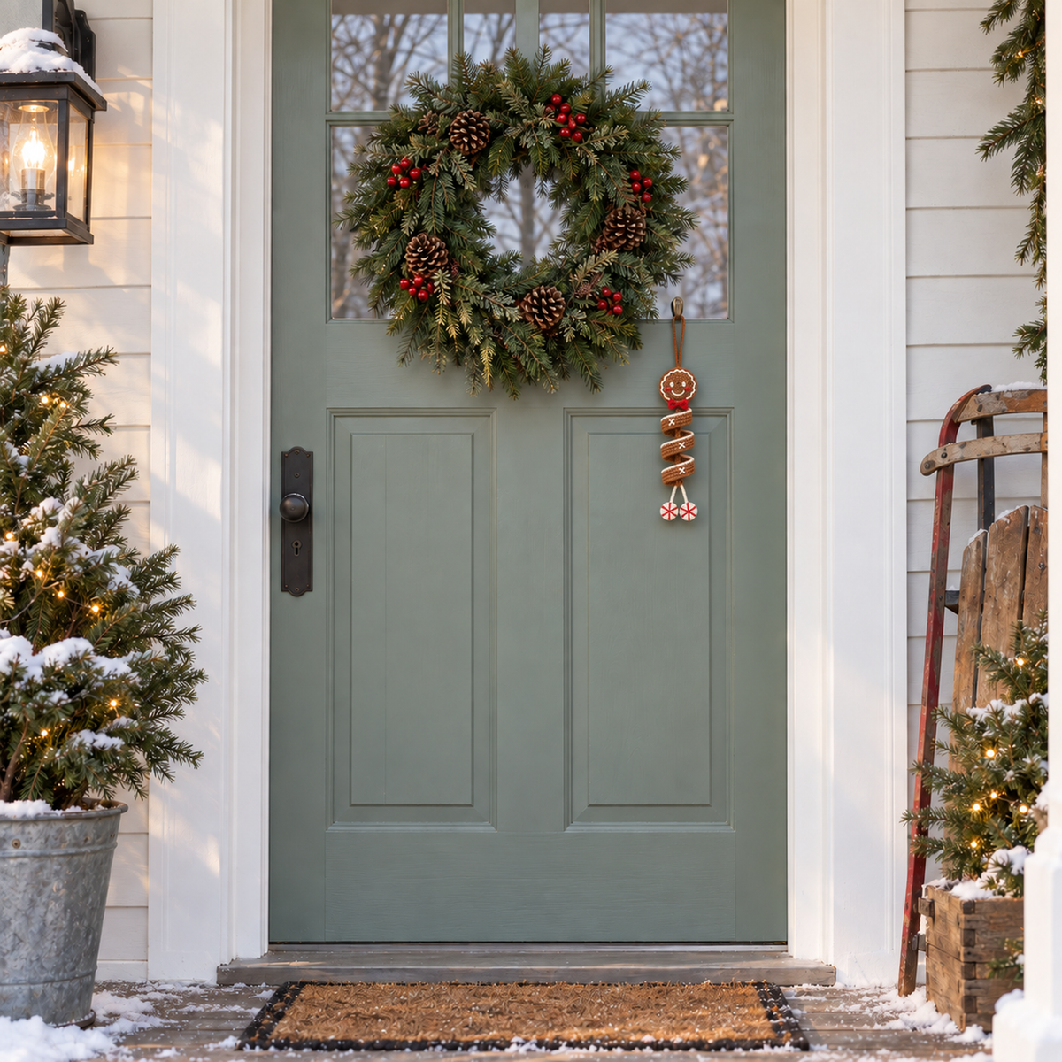 A Gingerbread crochet spiral ornament hanging on a green front door beside an evergreen wreath.