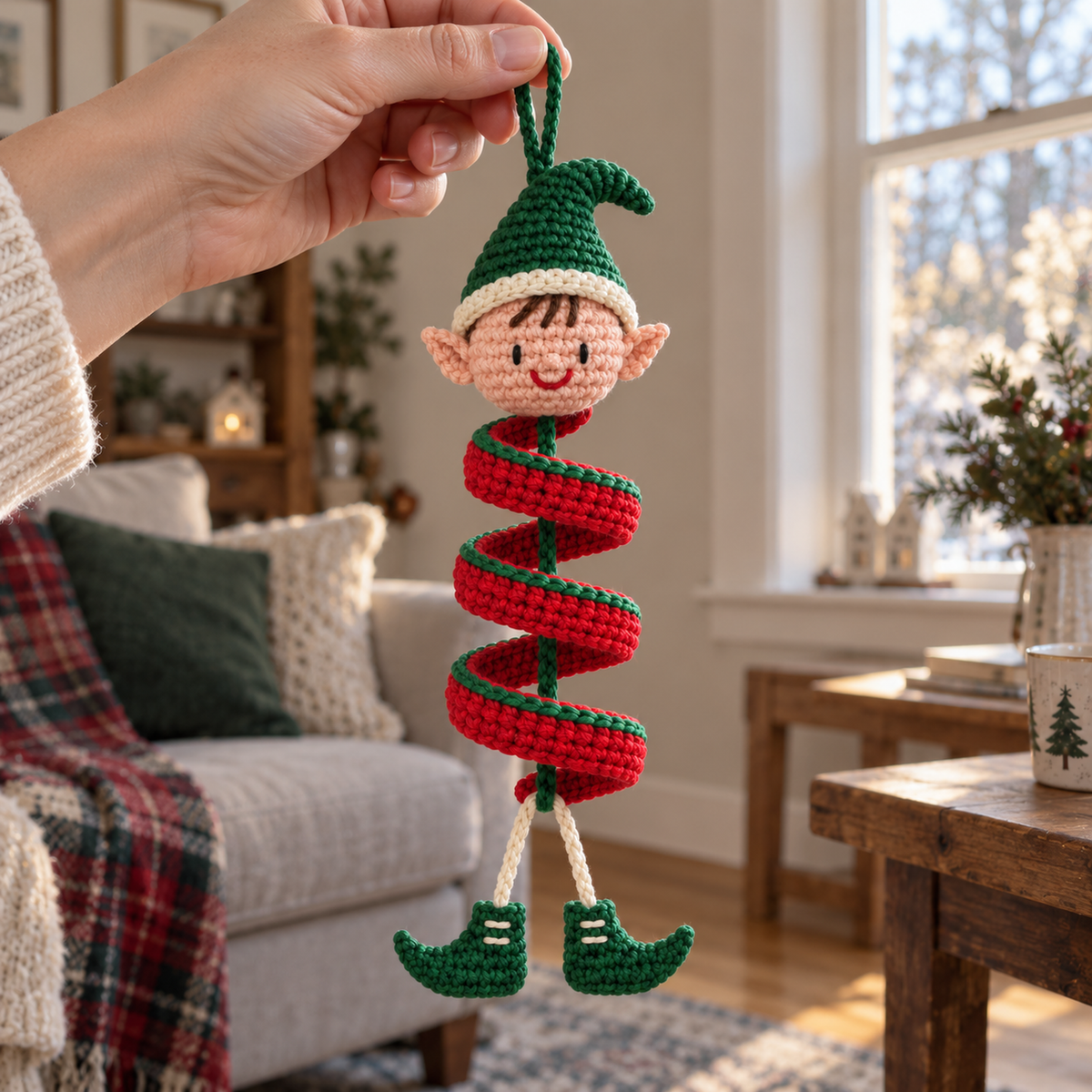 An adult hand holding the Elf crochet spiral ornament by its loop in a living room.