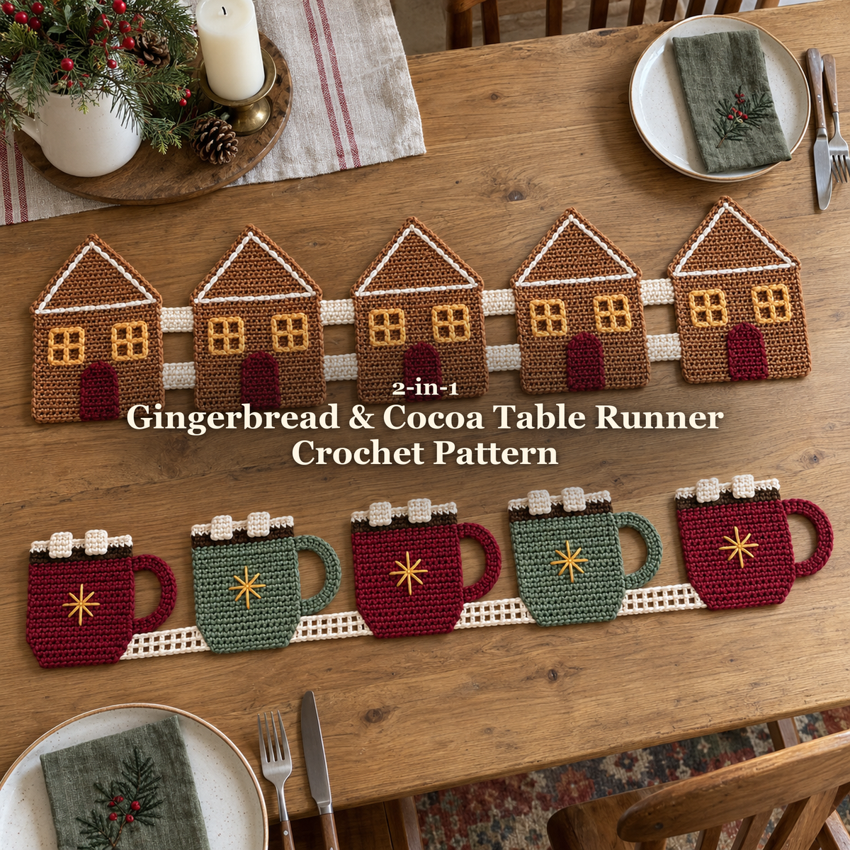 Gingerbread house and burgundy-and-sage cocoa mug crochet runners on a wooden Christmas dining table with plates, linen napkins, greenery and a candle, with the pattern title across the centre.