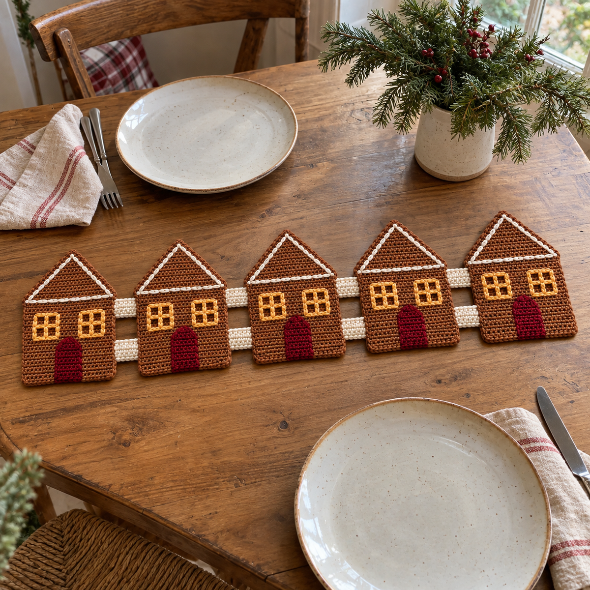 Five caramel gingerbread houses with cream roof trim, gold windows and burgundy doors joined as a crochet runner on a wooden table between two place settings.