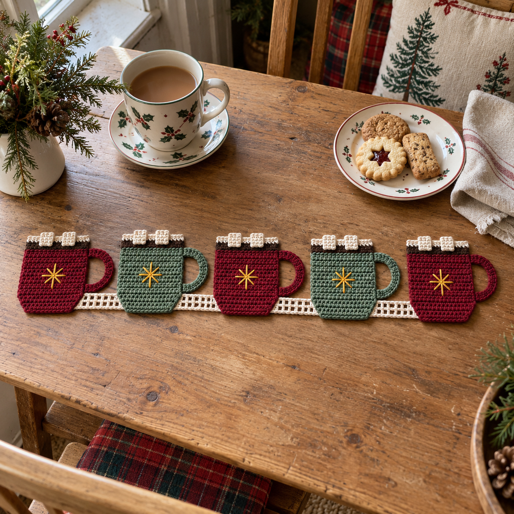 Five alternating burgundy and sage cocoa mug motifs with gold stars and cream marshmallows joined as a crochet runner on a kitchen table beside tea and biscuits.
