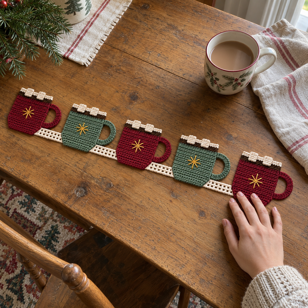 An adult hand touching a cocoa mug crochet runner on a wooden table beside a ceramic mug and linen napkin.