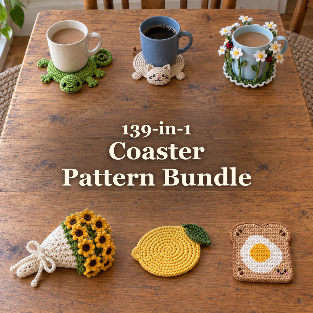 Six crochet coasters on a wooden table: a green Pop-Up animal, a cream cat Mug Buddy, daisies hugging a pale-blue mug, a tied sunflower bouquet, a whole lemon and Egg Toast, with the 139-in-1 Coaster Pattern Bundle title.