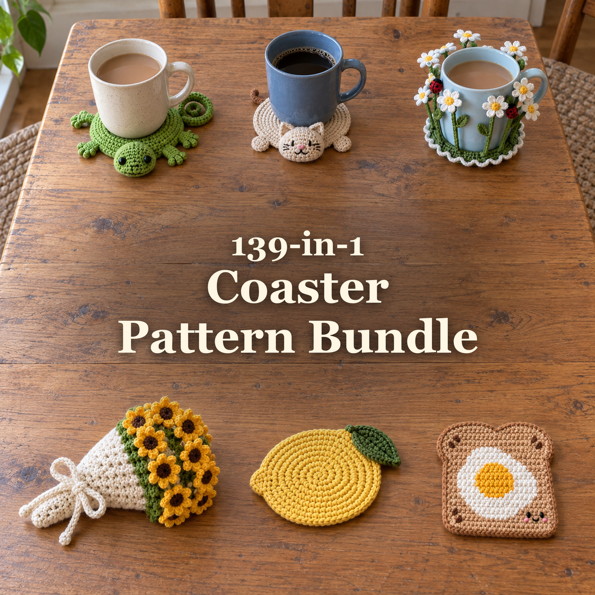Six crochet coasters on a wooden table: a green Pop-Up animal, a cream cat Mug Buddy, daisies hugging a pale-blue mug, a tied sunflower bouquet, a whole lemon and Egg Toast, with the 139-in-1 Coaster Pattern Bundle title.
