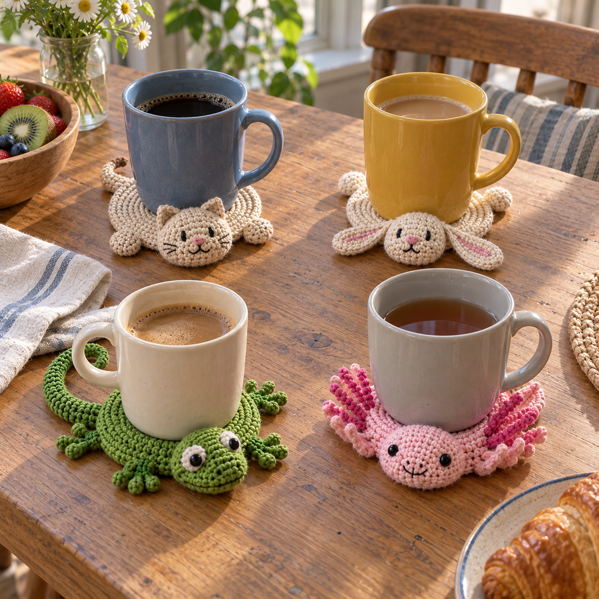 Green lizard and pink axolotl Pop-Up coasters with cream cat and rabbit Mug Buddies beneath plain mugs on a breakfast table.