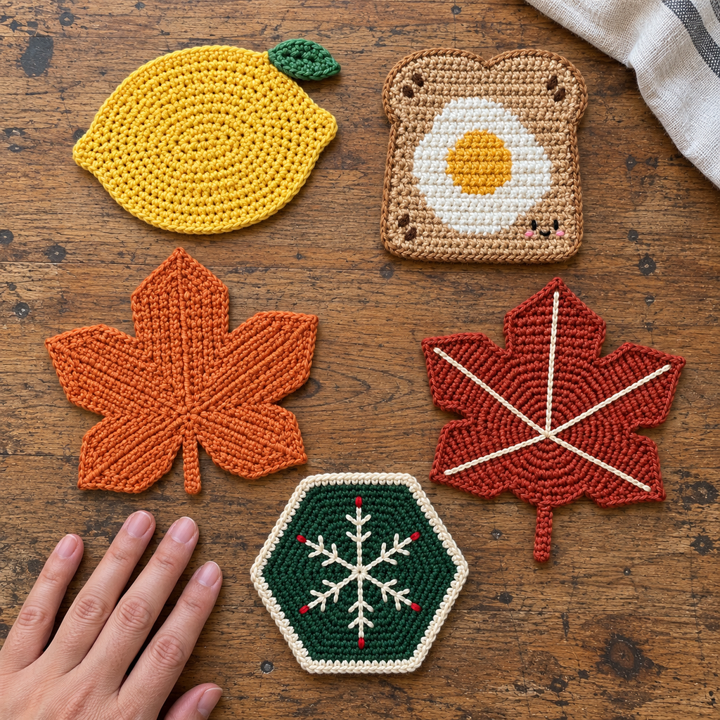 A whole lemon, Egg Toast, orange ribbed maple, rust-red maple with cream veins and a green hexagonal snowflake crochet coaster on a wooden table, with an adult hand for scale.