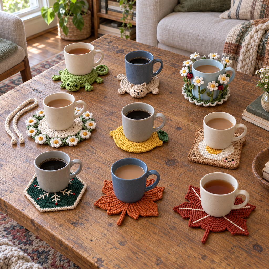 Nine crochet coaster styles in use beneath plain mugs around a wooden tea table in a cosy room: Pop-Up animal, Mug Buddy, Flower Garden, Flower Bouquet, fruit, food, snowflake, ribbed leaf and autumn leaf.
