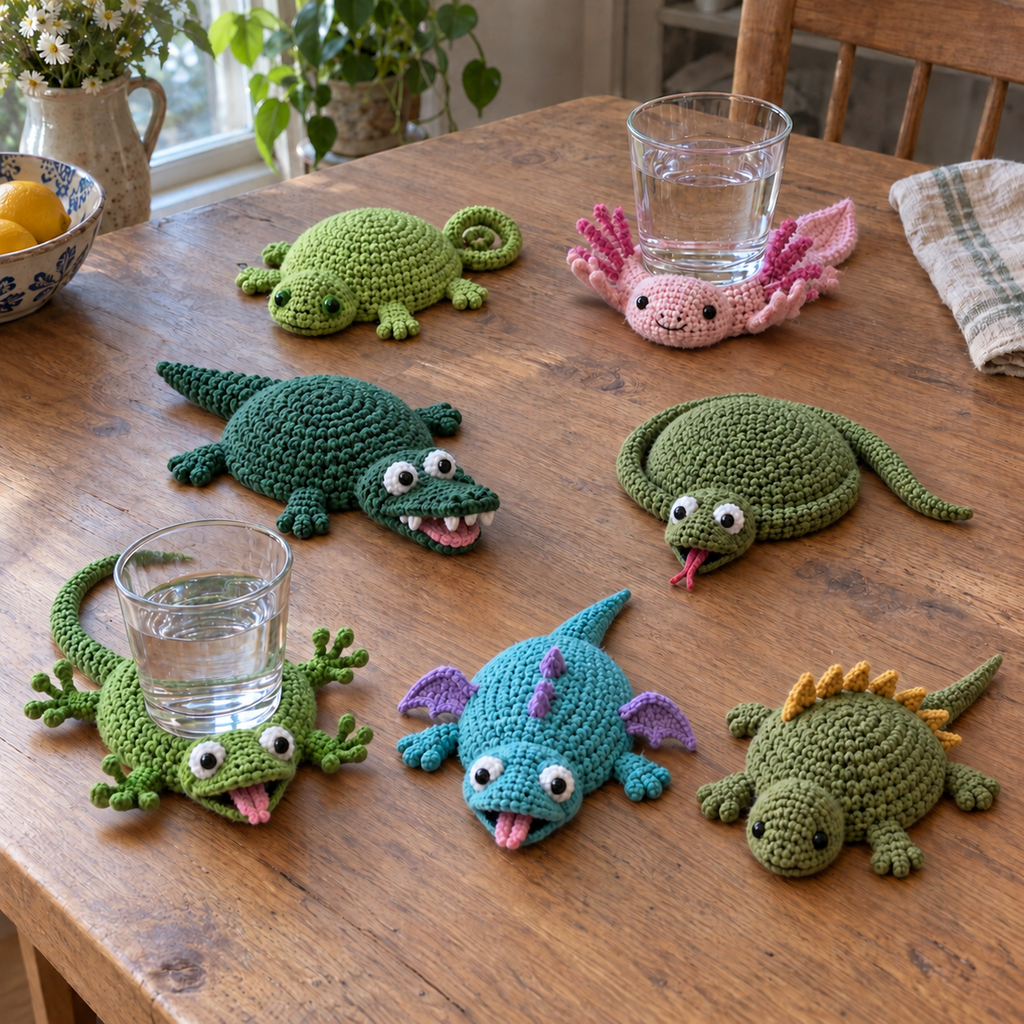 Pop-Up Animal crochet coasters on a table: Oscar Lizard, Crocodile, Chameleon, Axolotl, Snake, Little Dragon, Iguana.