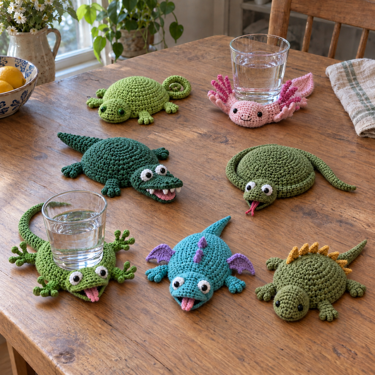 Pop-Up Animal crochet coasters on a table: Oscar Lizard, Crocodile, Chameleon, Axolotl, Snake, Little Dragon, Iguana.