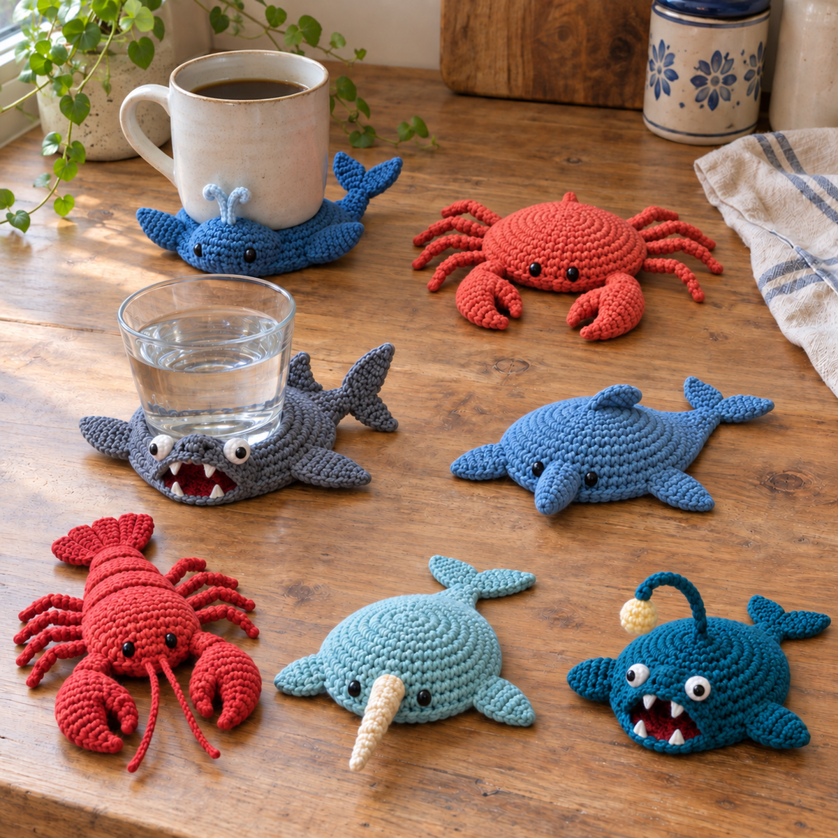 Pop-Up Animal crochet coasters on a table: Shark, Whale, Dolphin, Crab, Lobster, Narwhal, Anglerfish.