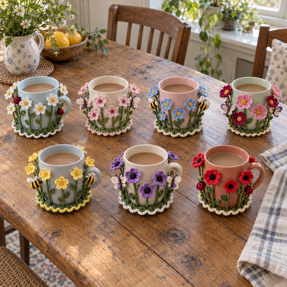 Seven Flower Garden crochet coasters hugging plain mugs on a wooden table: Daisy Meadow, Cherry Blossom, Forget-Me-Not Border, Cosmos Breeze, Buttercup Sun, Anemone Windflowers, Poppy Field.