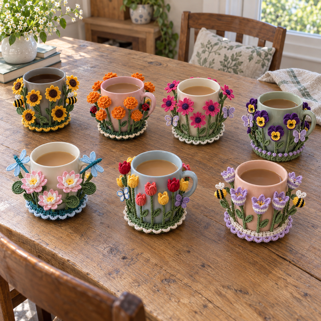 Seven Flower Garden crochet coasters hugging plain mugs on a wooden table: Sunflower Patch, Marigold Glow, Gerbera Bright, Pansy Faces, Water Lily Pond, Tulip Row, Crocus Awakening.