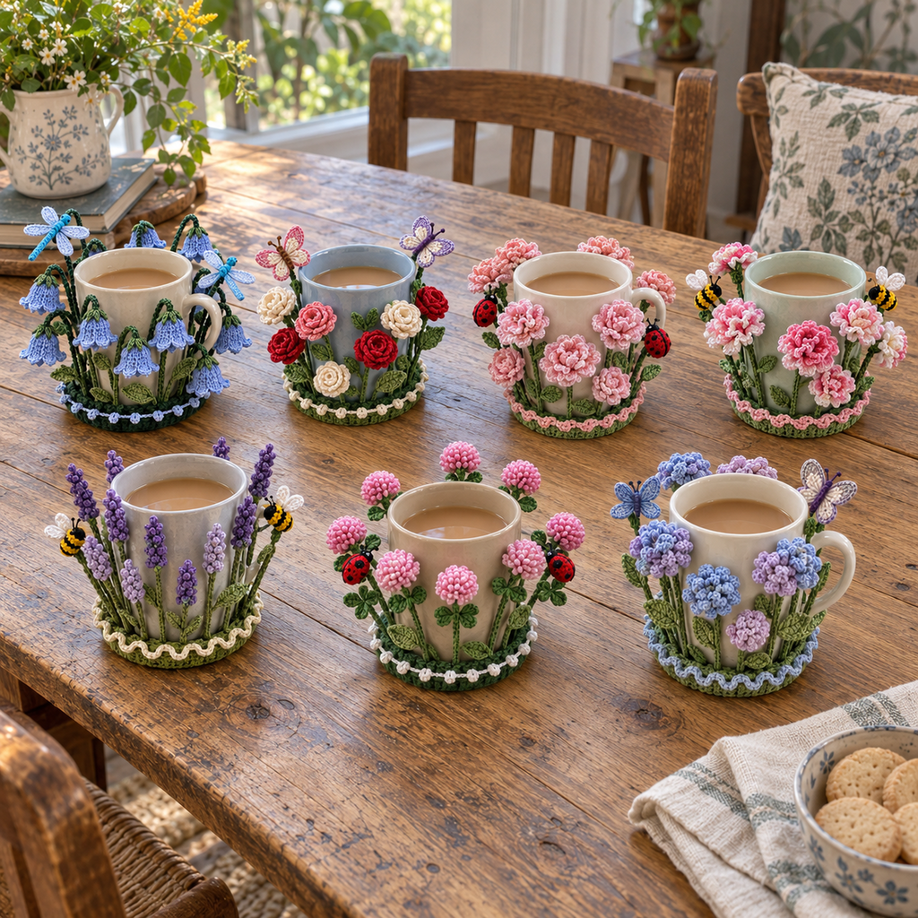 Seven Flower Garden crochet coasters hugging plain mugs on a wooden table: Bluebell Wood, Rose Garden, Peony Blush, Carnation Posy, Lavender Field, Clover and Ladybirds, Hydrangea Cloud.