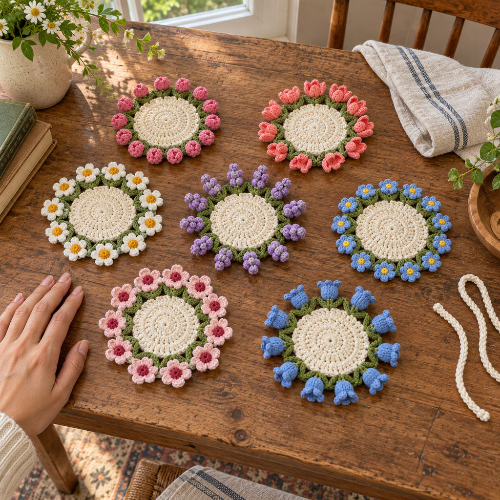 Seven empty flat Flower Bouquet crochet coasters with white centres and green leaf rings on a wooden table: Rosebud, Tulip, Daisy, Lavender, Forget-Me-Not, Cherry Blossom, Bluebell.