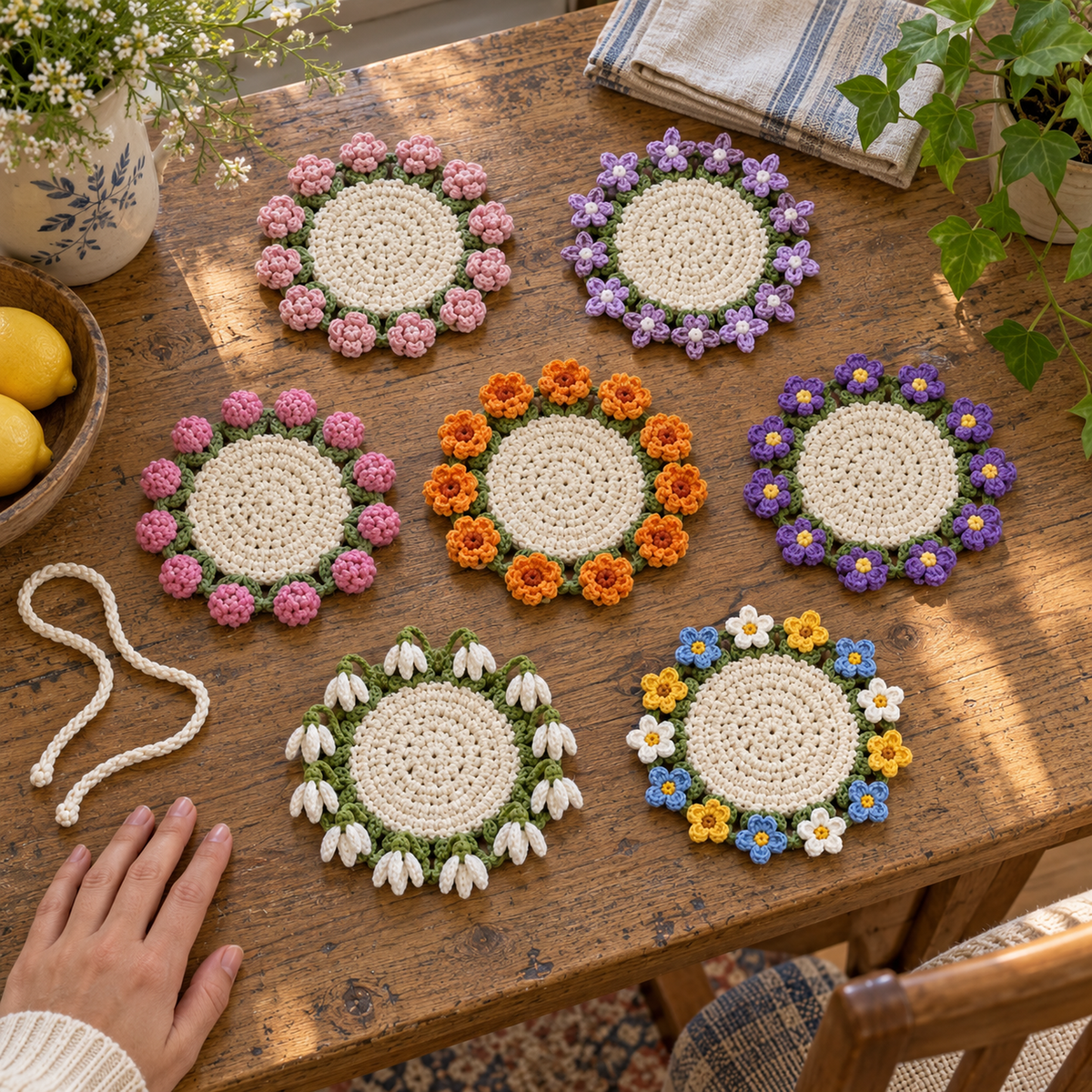 Seven empty flat Flower Bouquet crochet coasters with white centres and green leaf rings on a wooden table: Peony, Lilac, Clover, Marigold, Violet, Snowdrop, Mixed Wildflower.