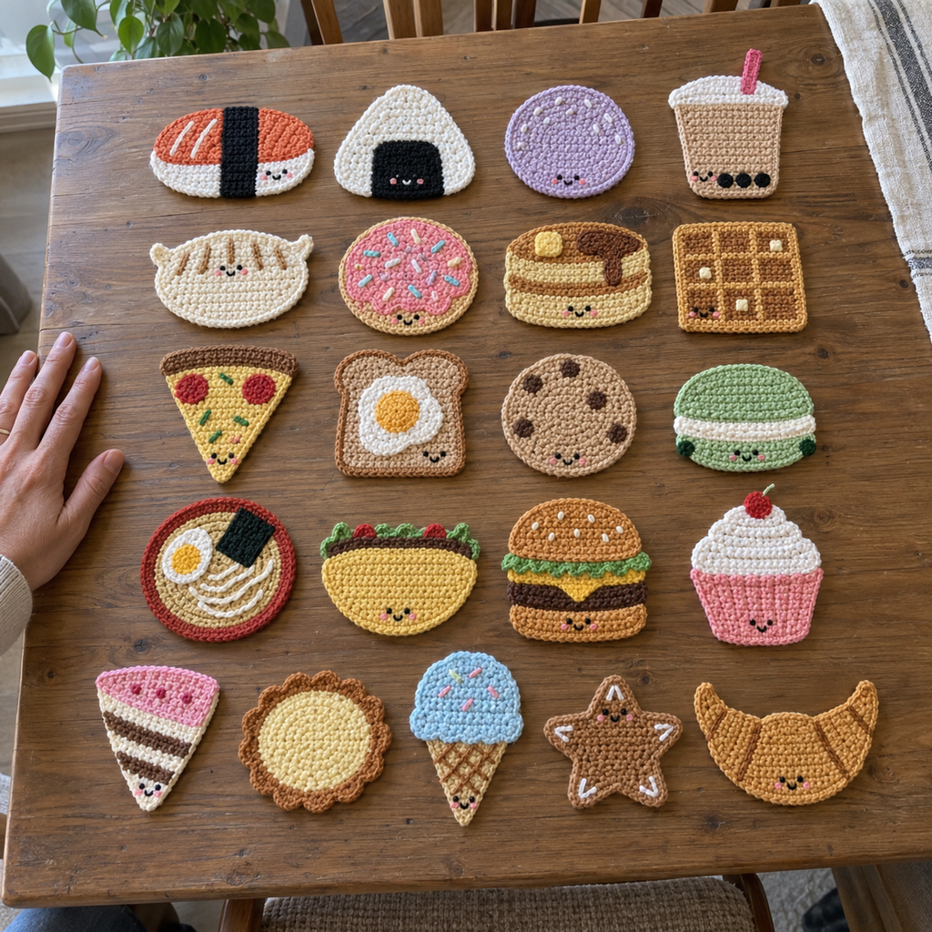 Kawaii Food crochet coasters on a table: Salmon Nigiri, Onigiri, Mochi, Bubble Tea, Dumpling, Iced Donut, Pancake Stack, Square Waffle, Pizza Slice, Egg Toast, Chocolate Chip Cookie, Macaron, Ramen Bowl, Taco, Burger, Cupcake, Cake Slice, Fluted Tart, Ice Cream Cone, Gingerbread Star Cookie, Croissant.