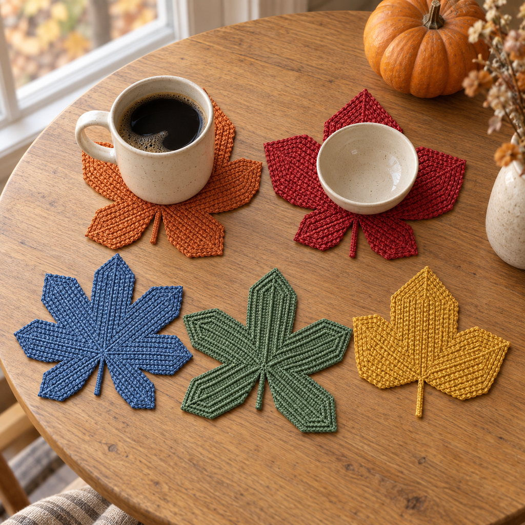 Ribbed Leaf crochet coasters on a table: Sugar Maple, Red Maple, Japanese Maple, Sweetgum, Sycamore.