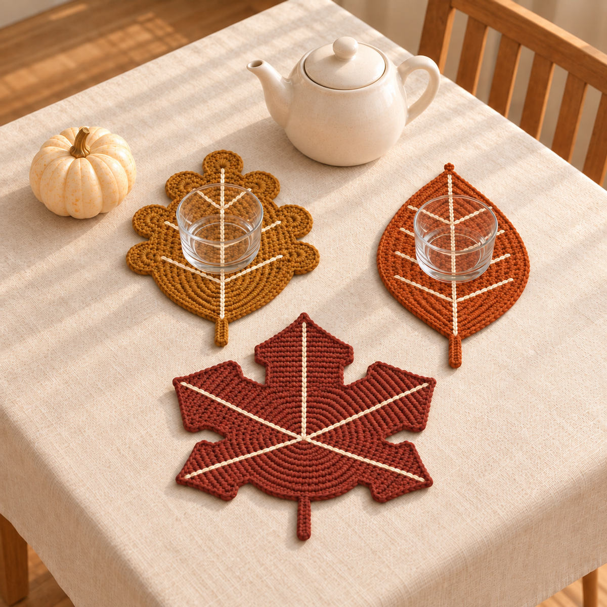 Autumn Leaf crochet coasters on a table: Sugar Maple, Golden Oak, Harvest Chevron.
