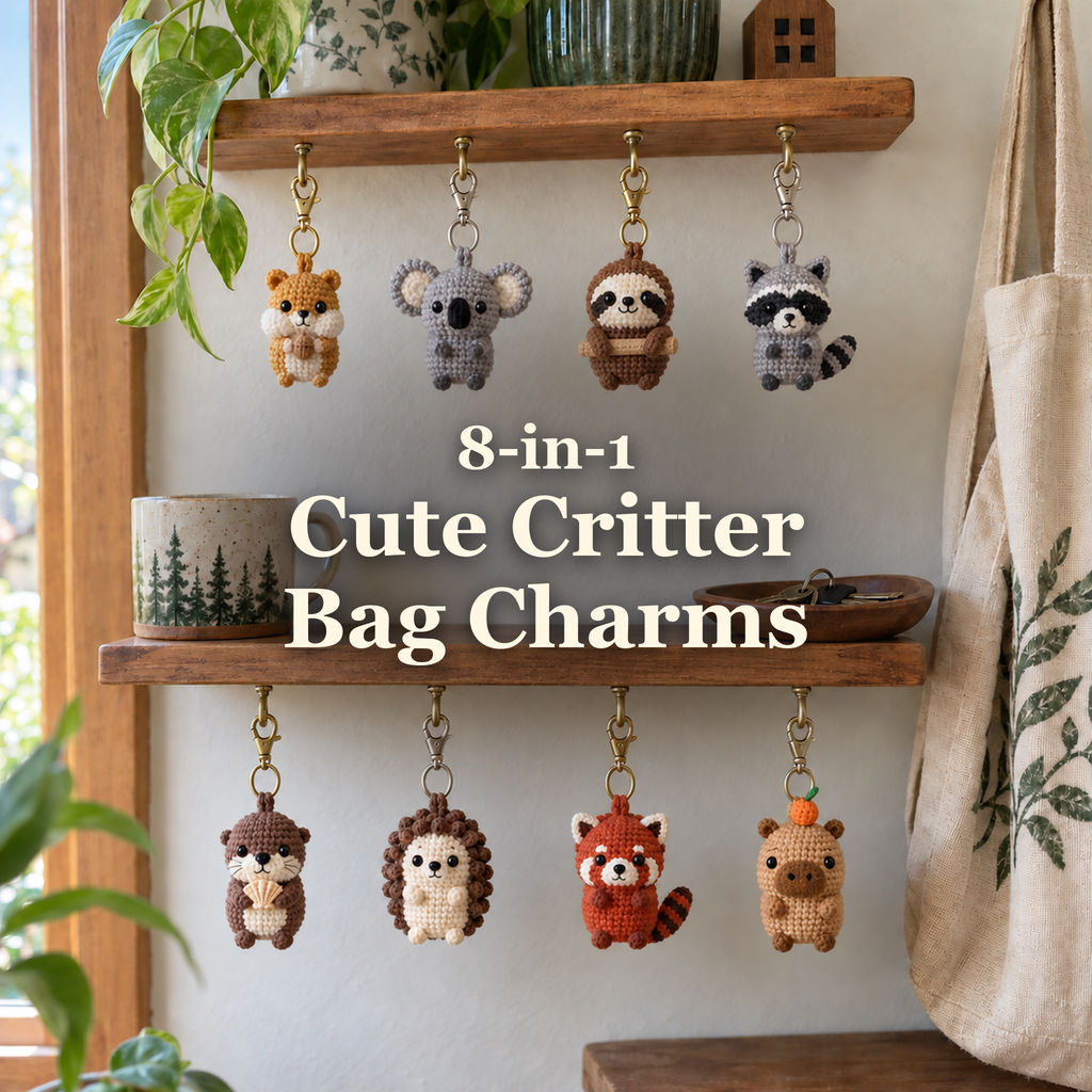 Eight tiny handmade crochet animal bag charms hanging from a wooden entry shelf: hamster, koala, sloth, raccoon, otter, hedgehog, red panda and capybara, with the title 8-in-1 Cute Critter Bag Charms.